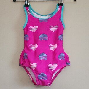 Wave Zone - Toddler Girl Hearts Swimsuit Hot Pink Peplum Skirt Size 18 Months